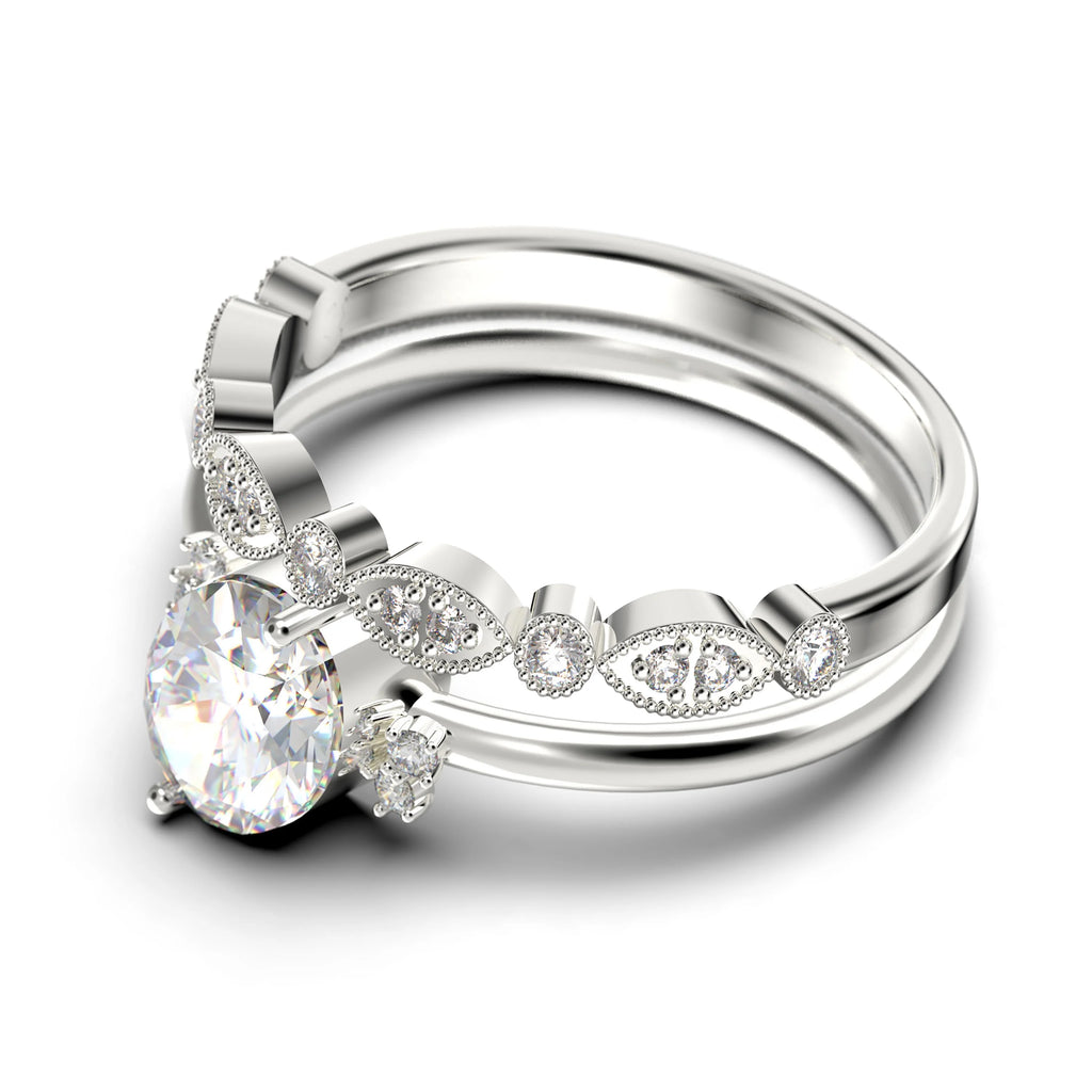 10K Solid White Gold Oval Cut Diamond Moissanite Engagement Ring with Matching Band D904302