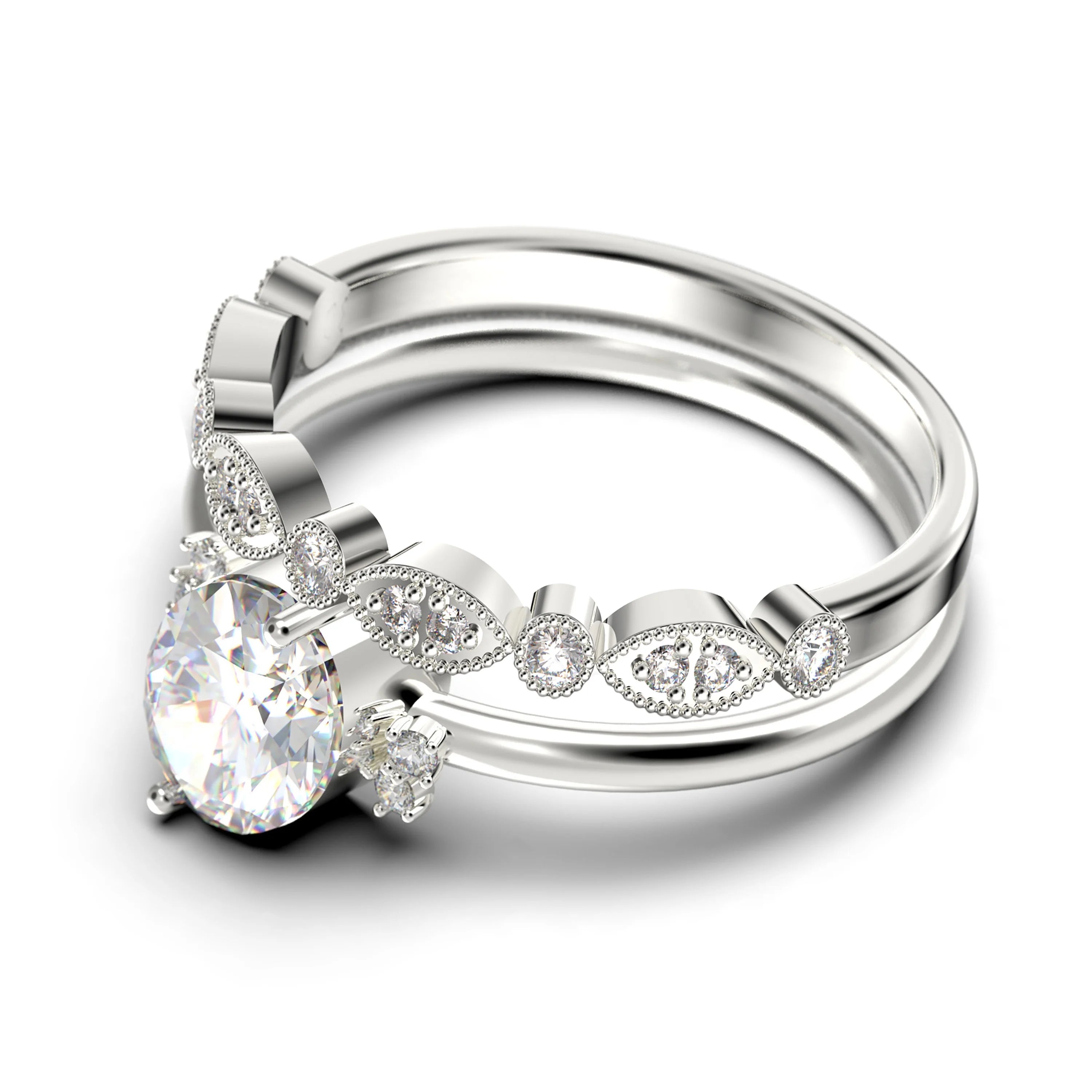 10K Solid White Gold Oval Cut Diamond Moissanite Engagement Ring with Matching Band D904302