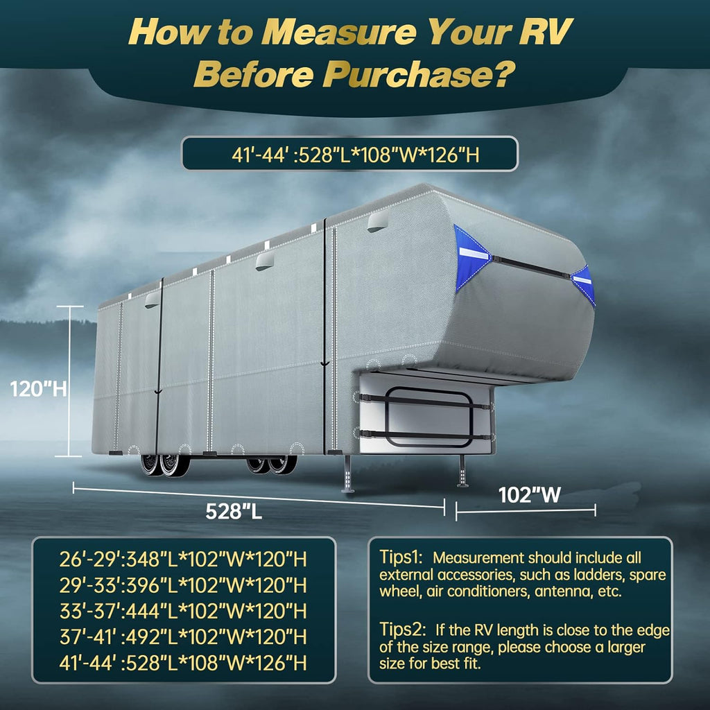 5th Wheel RV Cover with 4 Tire Covers & 2Pcs Extra Winproof Straps E94063