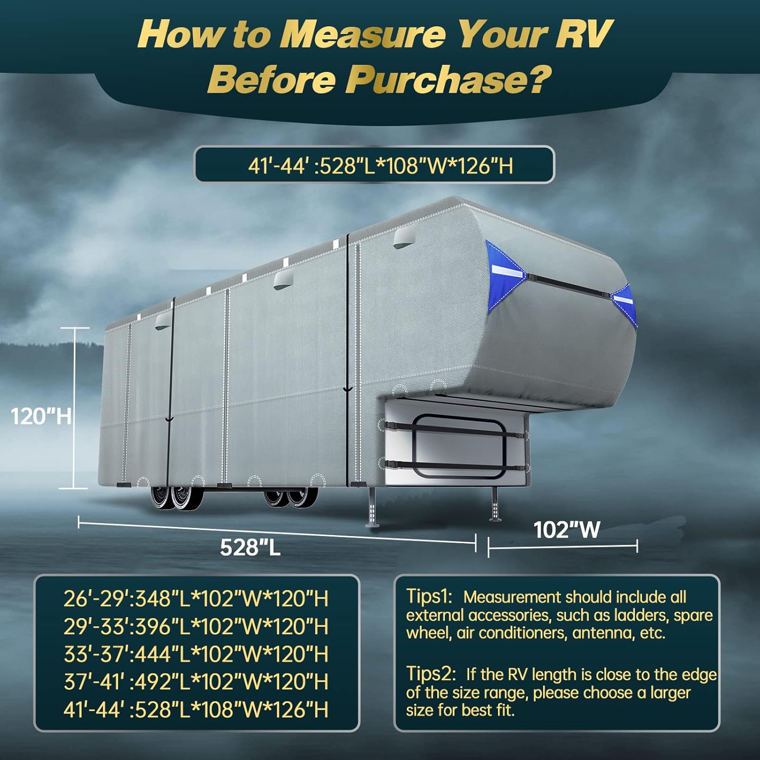 5th Wheel RV Cover with 4 Tire Covers & 2Pcs Extra Winproof Straps E94063