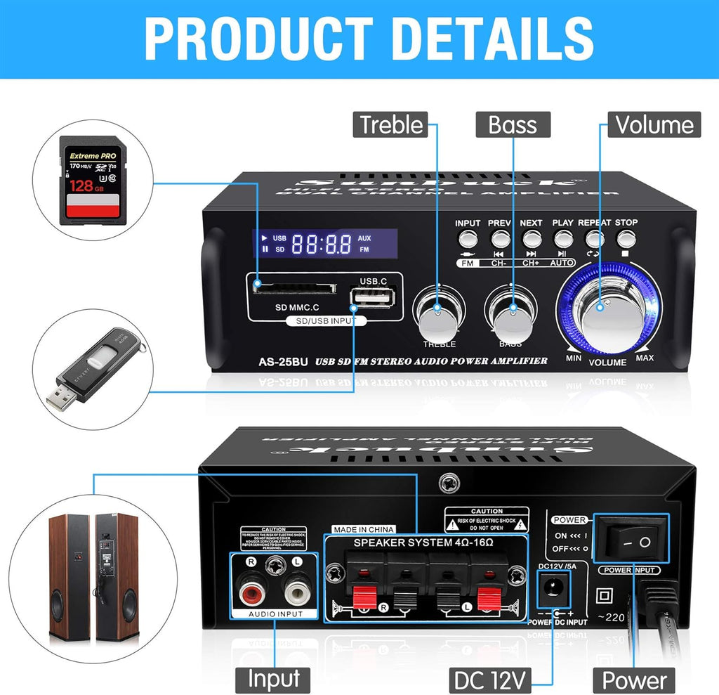 180W Wireless Bluetooth Stereo Amplifier, Dual Channel, Pack of 2 J942