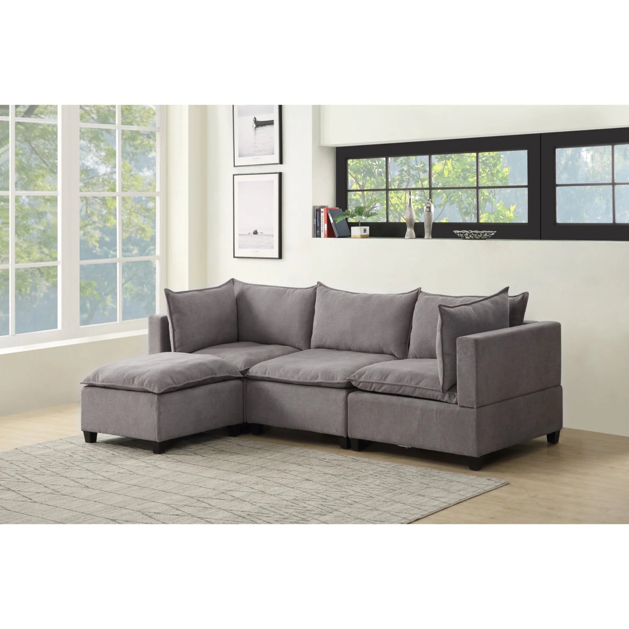 Light Gray Fabric Reversible Sectional Sofa Ottoman E484063