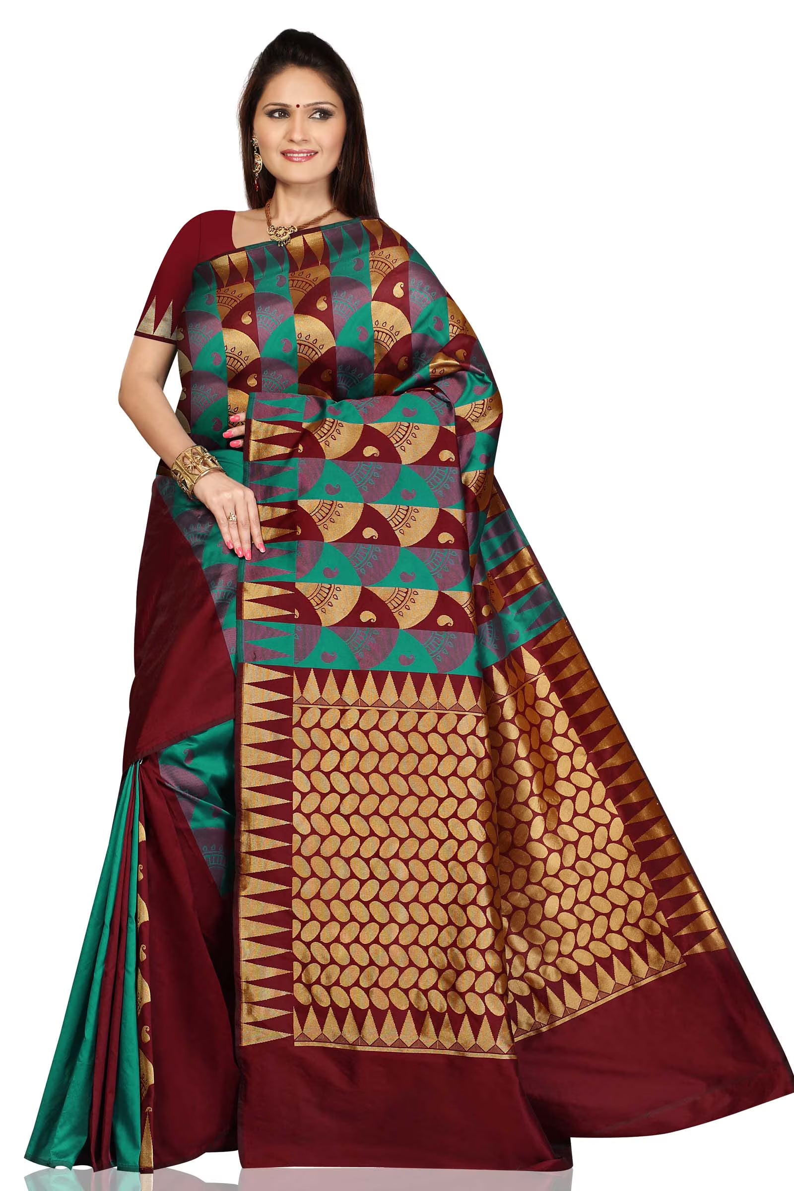 Turquoise Maroon Art Silk Sari Saree V12014
