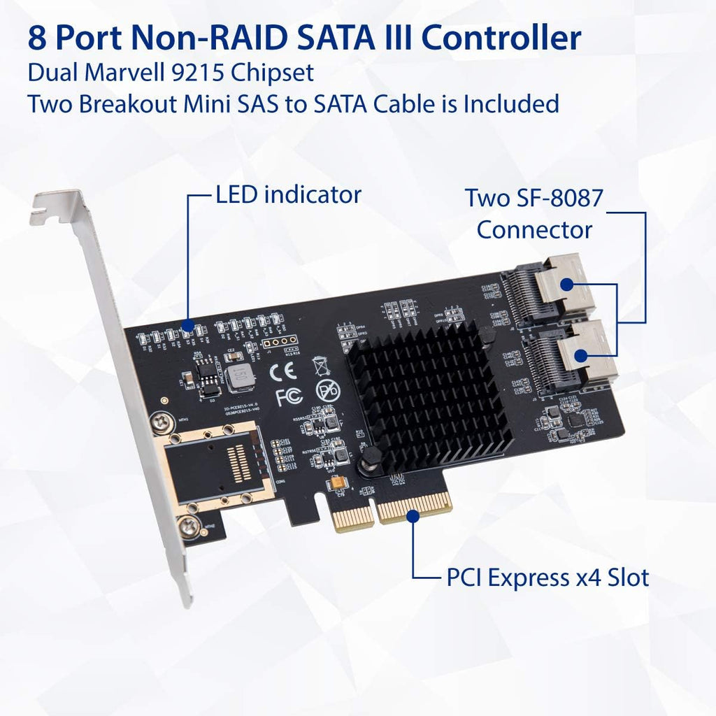 8 Port SATA III PCI-e x4 Expansion Card with Mini SAS to SATA Break Out Cables U539