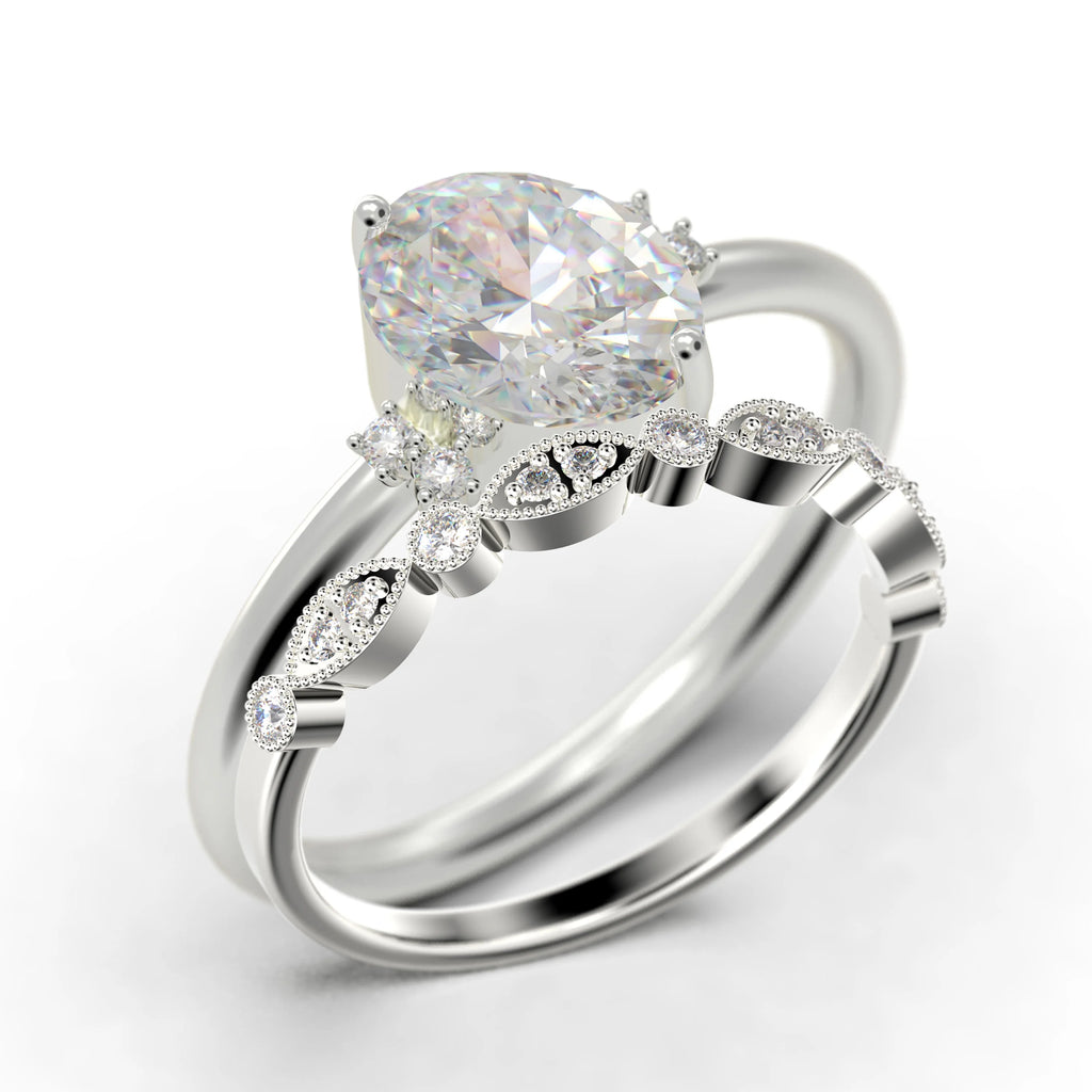 10K Solid White Gold Oval Cut Diamond Moissanite Engagement Ring with Matching Band D904302