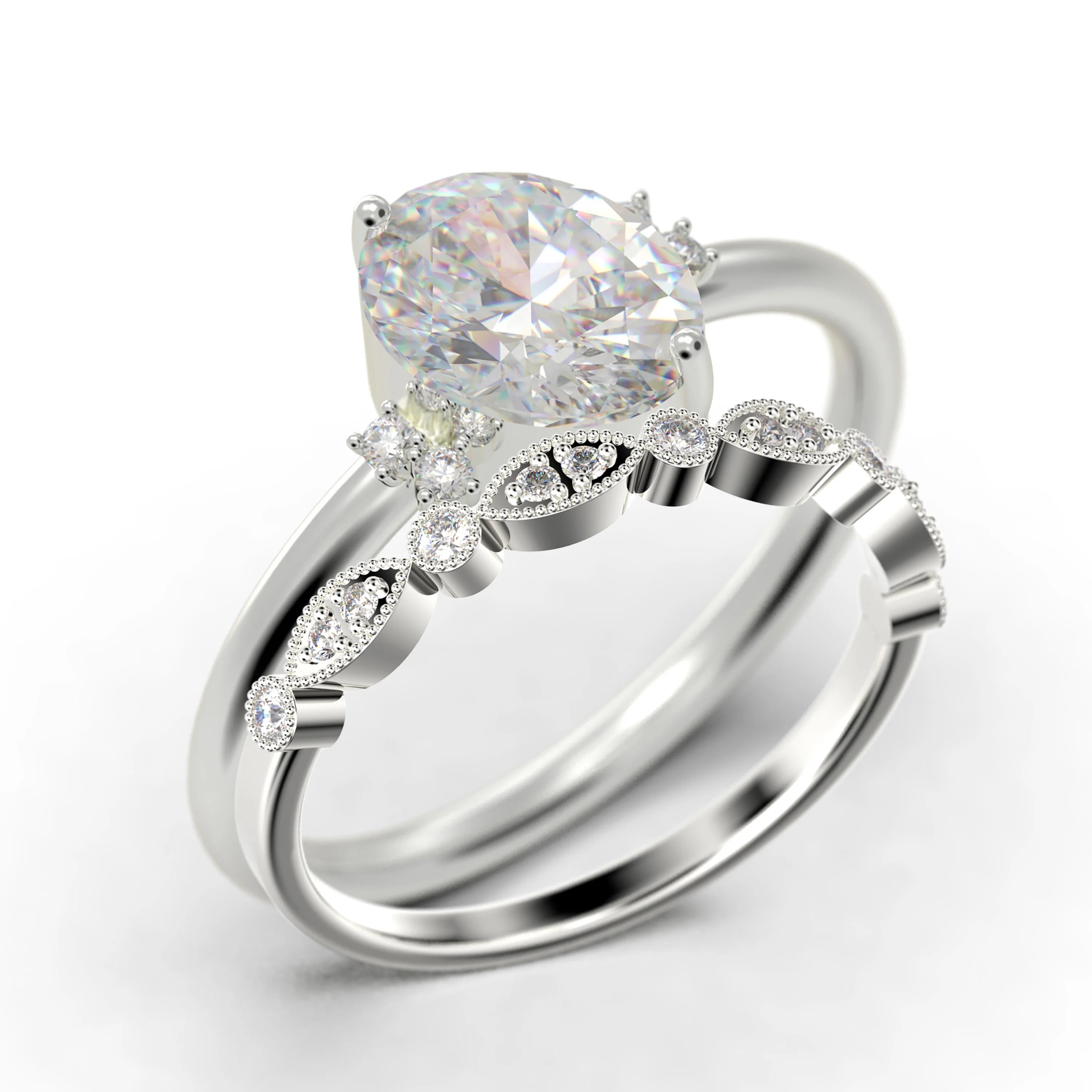 10K Solid White Gold Oval Cut Diamond Moissanite Engagement Ring with Matching Band D904302