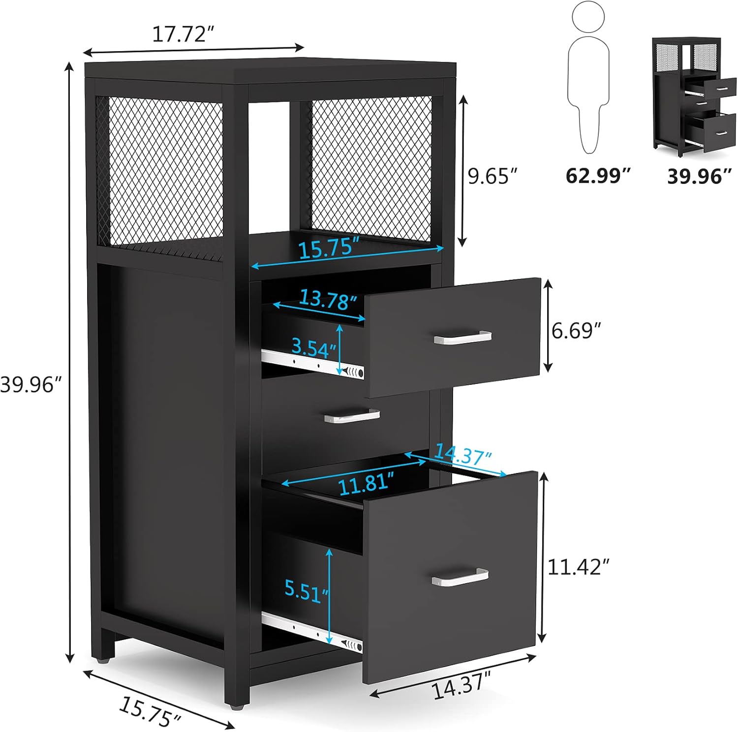 Black 3 Drawer Vertical File Cabinet with Metal Wire Storage Shelves G779015