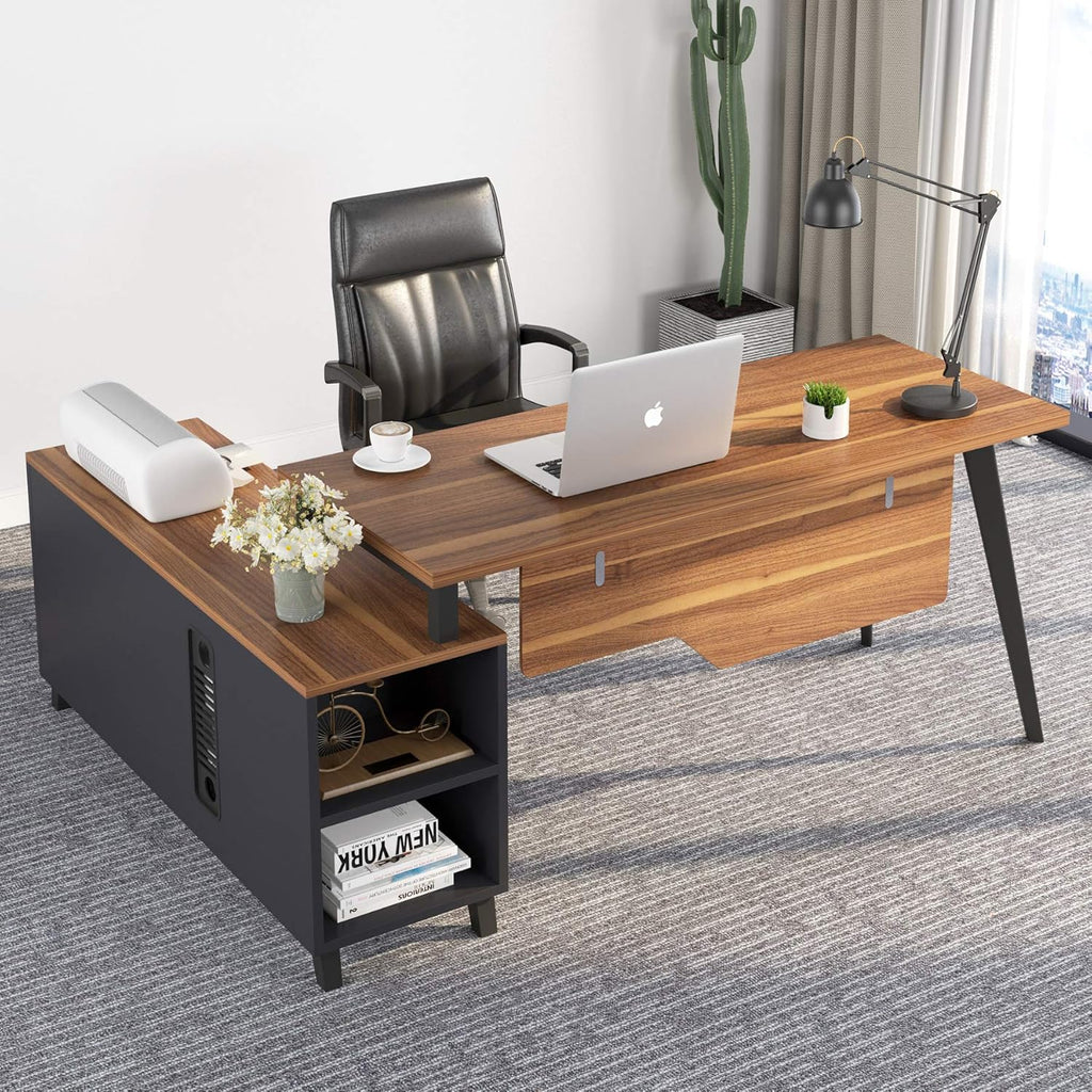 Large L-Shaped Desk with Storage and File Cabinet, Dark Walnut + Stainless Steel Legs E618375