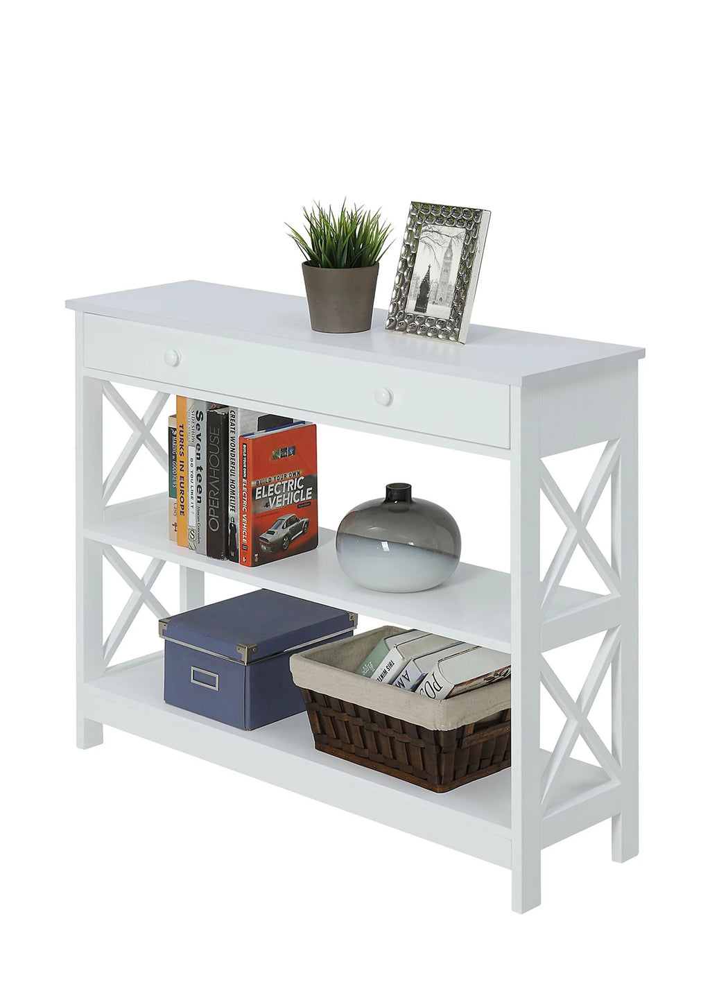 White 1 Drawer Console Table with Shelves P974