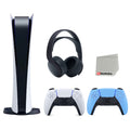 Playstation 5 Digital Edition Console with Extra Blue Controller and Black PULSE 3D Headset Bundle with Cleaning Cloth G49982