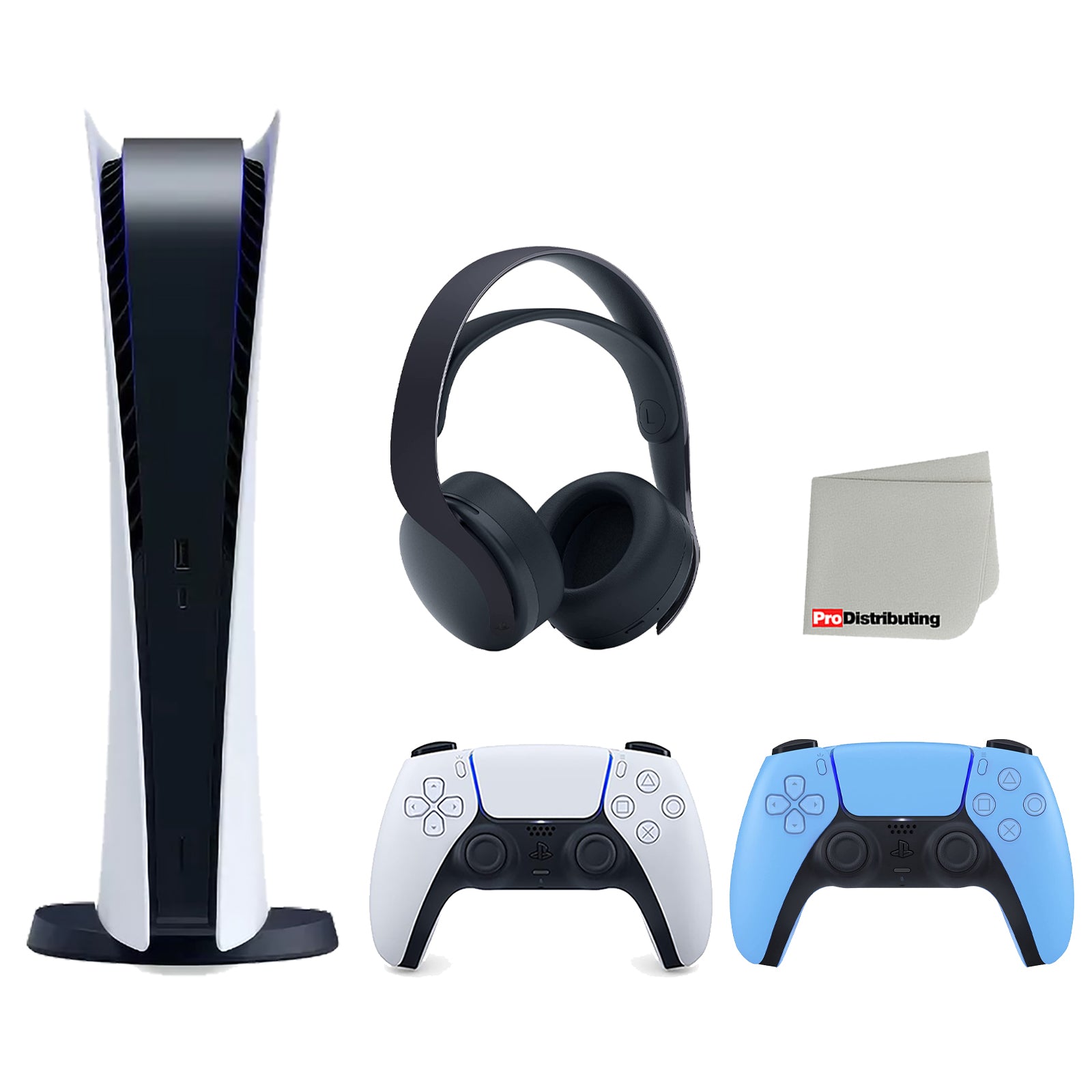 Playstation 5 Digital Edition Console with Extra Blue Controller and Black PULSE 3D Headset Bundle with Cleaning Cloth G49982