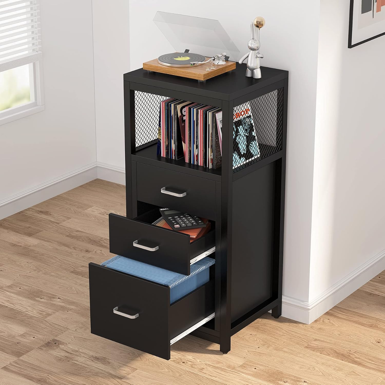Black 3 Drawer Vertical File Cabinet with Metal Wire Storage Shelves G779015