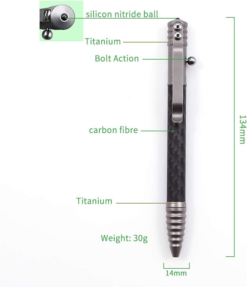 Titanium Tactical Pen with Glass Breaker Tool, Bolt Action Pen in Carbon Fiber barrel M401