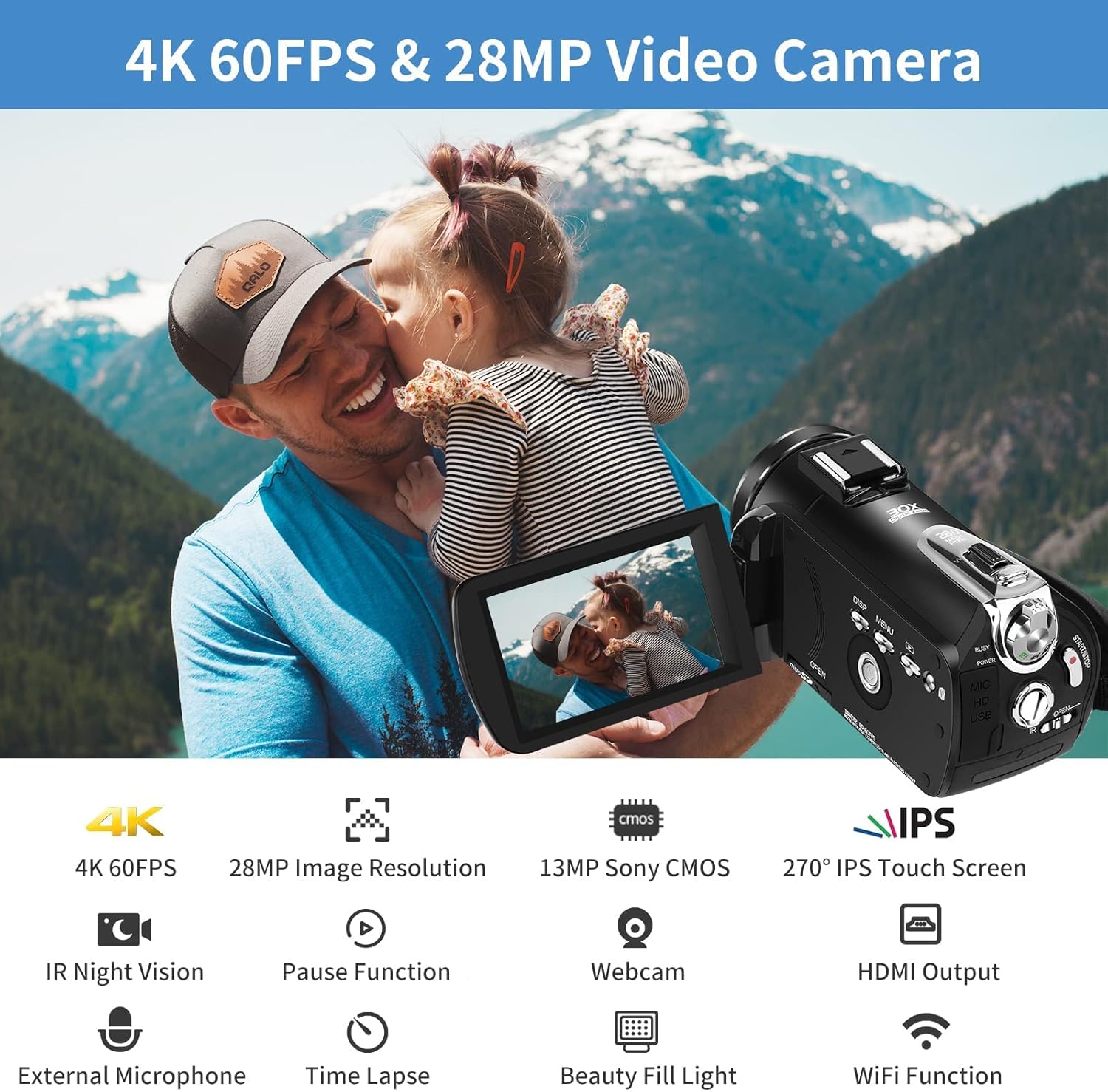 4K 1080P 60FPS Video Camcorder with 30X Zoom Infrared Night Vision X177678