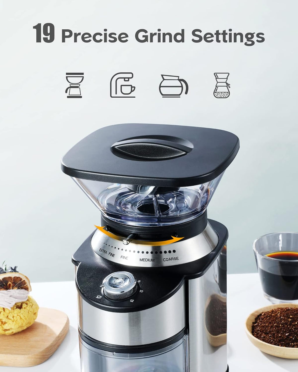 Stainless Steel Conical Burr Coffee Grinder with 19 Precise Grind Settings, Pack of 2 F5449