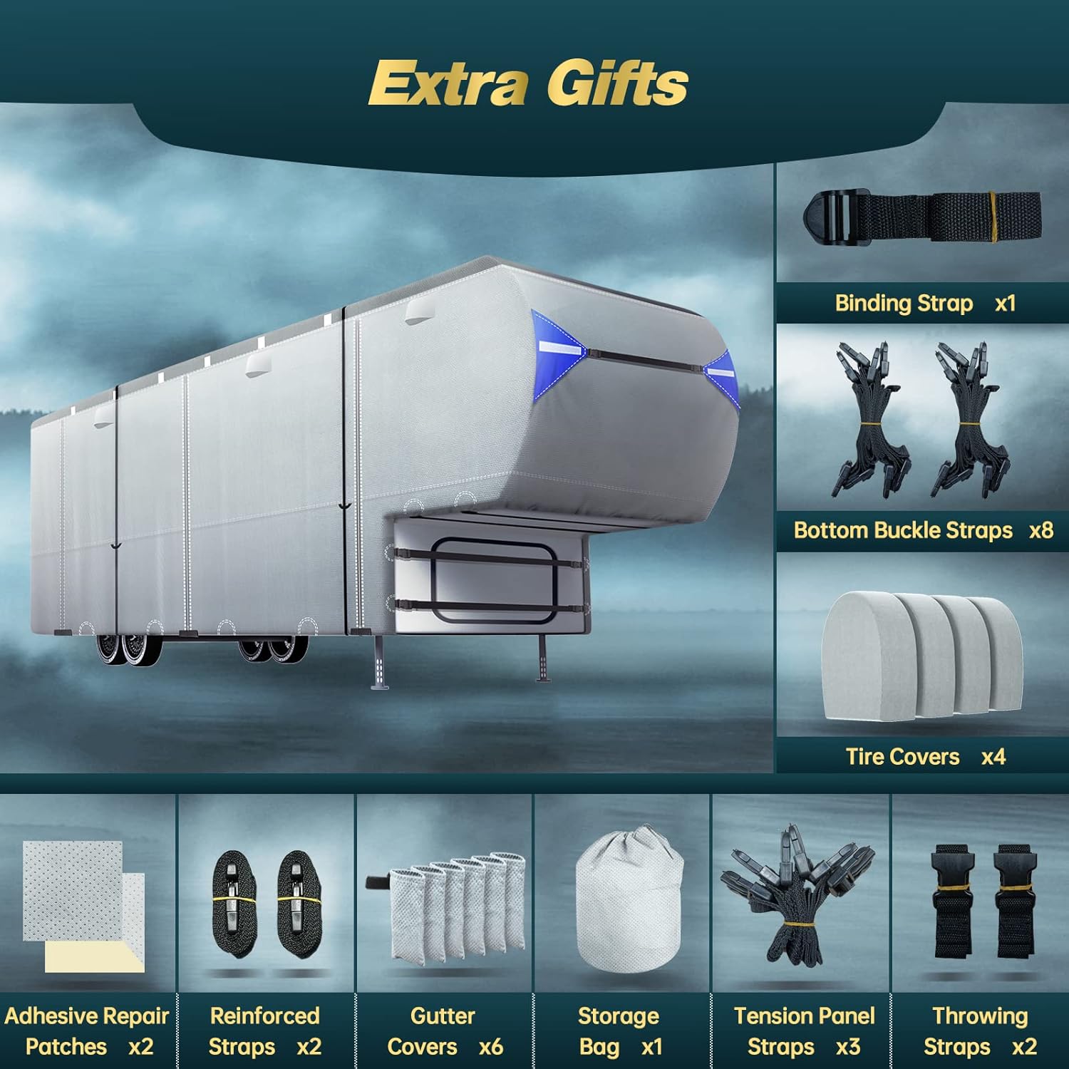 5th Wheel RV Cover with 4 Tire Covers & 2Pcs Extra Winproof Straps E94063
