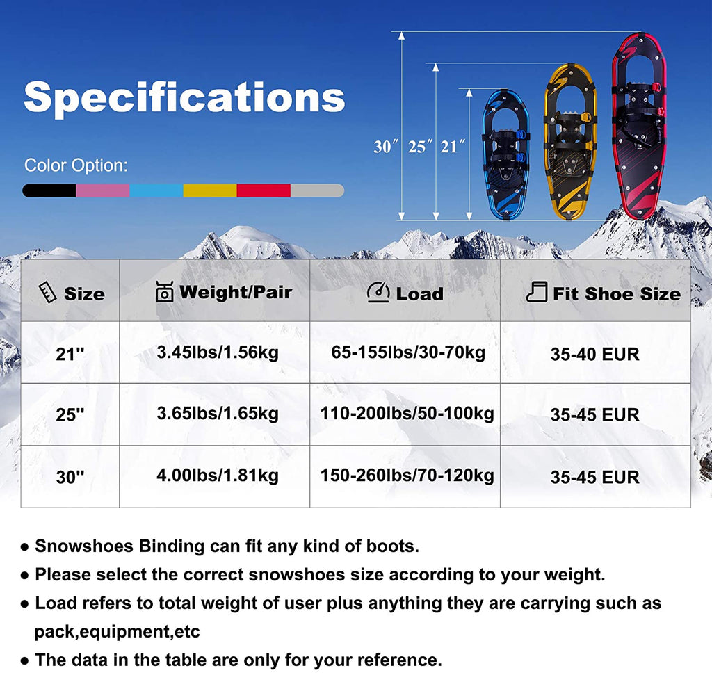 Aluminum Terrain Snow Shoes 21/25/30 Inches W7184