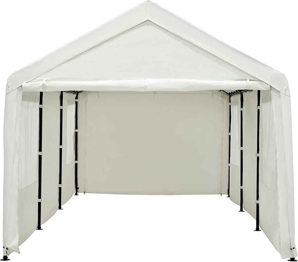 White 10 x 20 ft Heavy Duty Carport with Ventilated Windows and Removable Sidewalls L8269