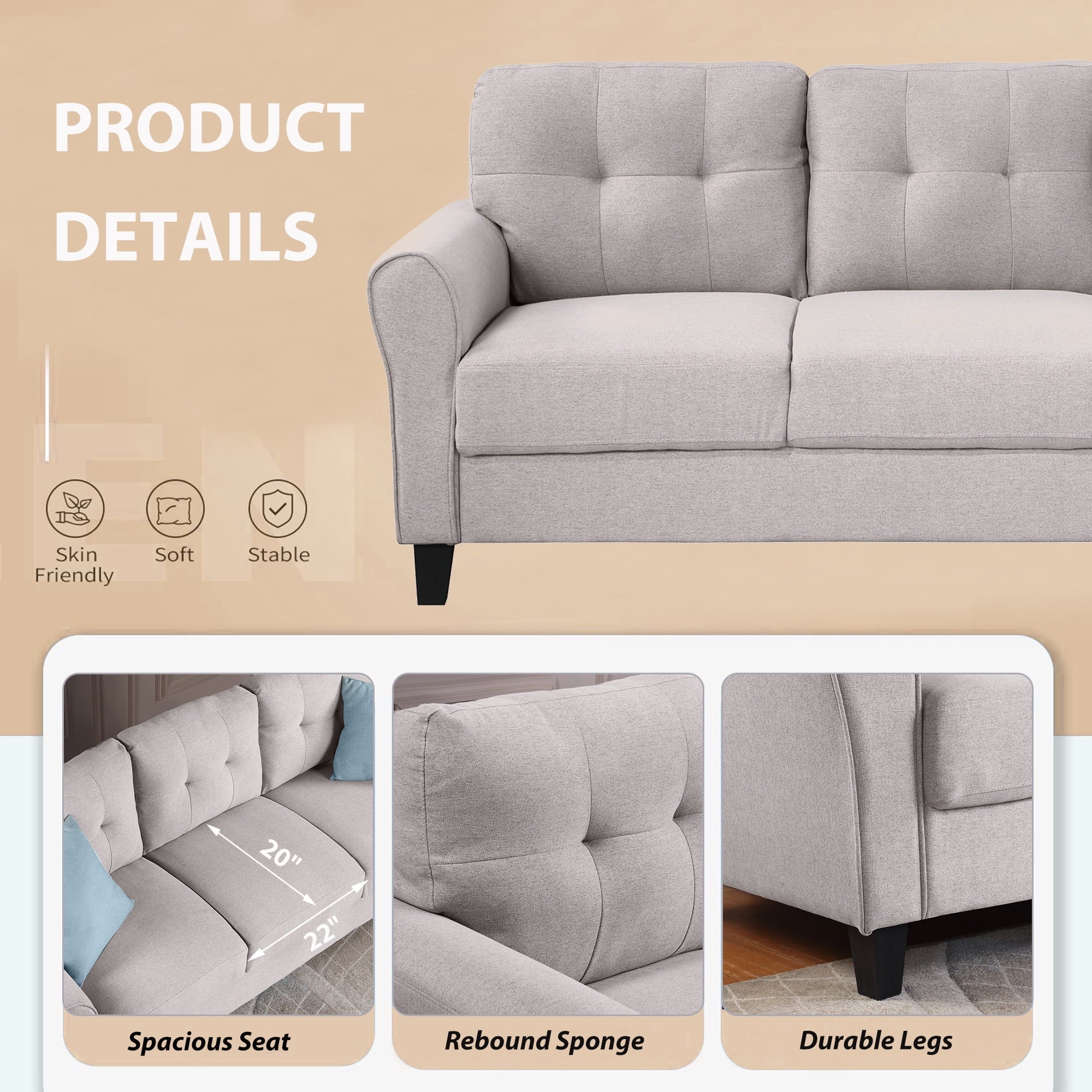 Linen Upholstered Light Grey Sofa Set (2+3-Seat) I24852