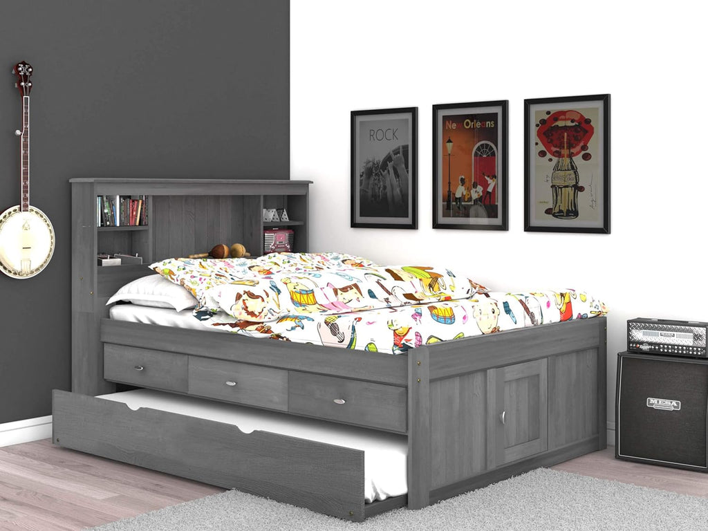 Charcoal Full Bookcase Bed with 3 Drawers and Twin Trundle I359
