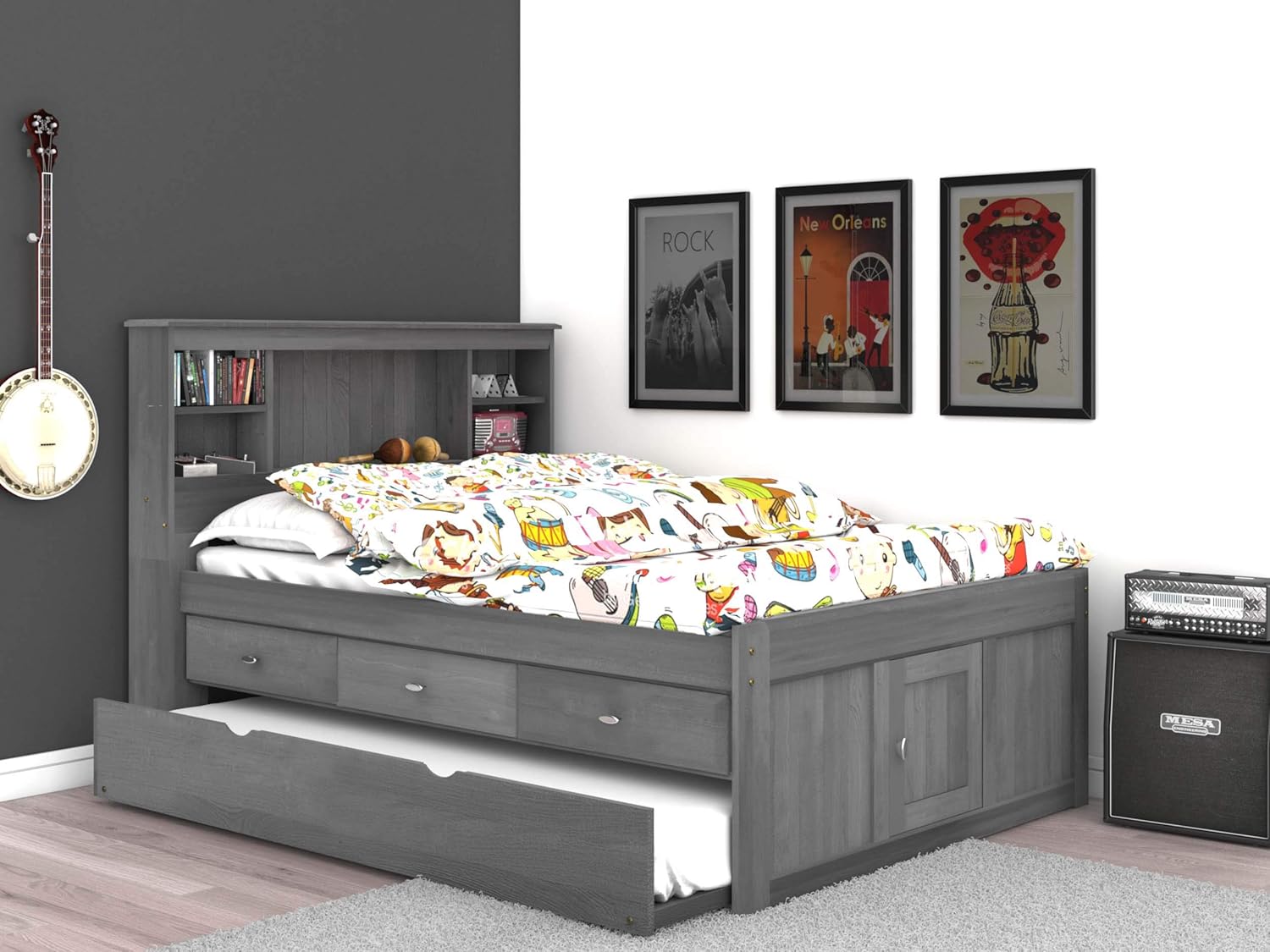 Charcoal Full Bookcase Bed with 3 Drawers and Twin Trundle I359