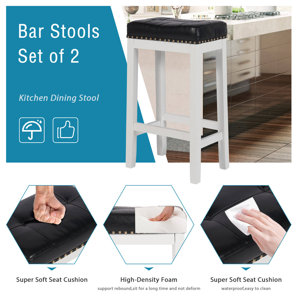 White 29 Inch PU Leather Bar Stools Set of 2 Solid Wooden Saddle Stool D75277