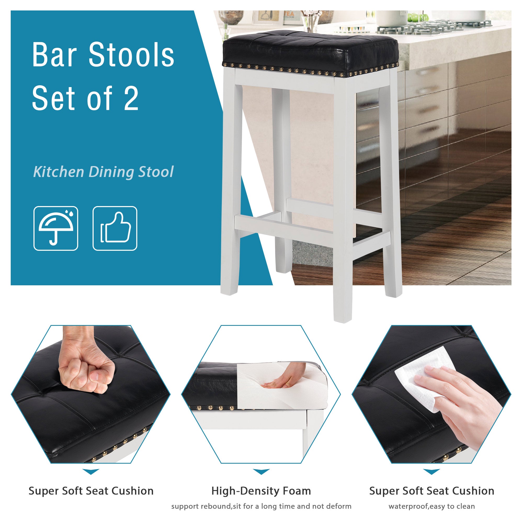 White 29 Inch PU Leather Bar Stools Set of 2 Solid Wooden Saddle Stool D75277