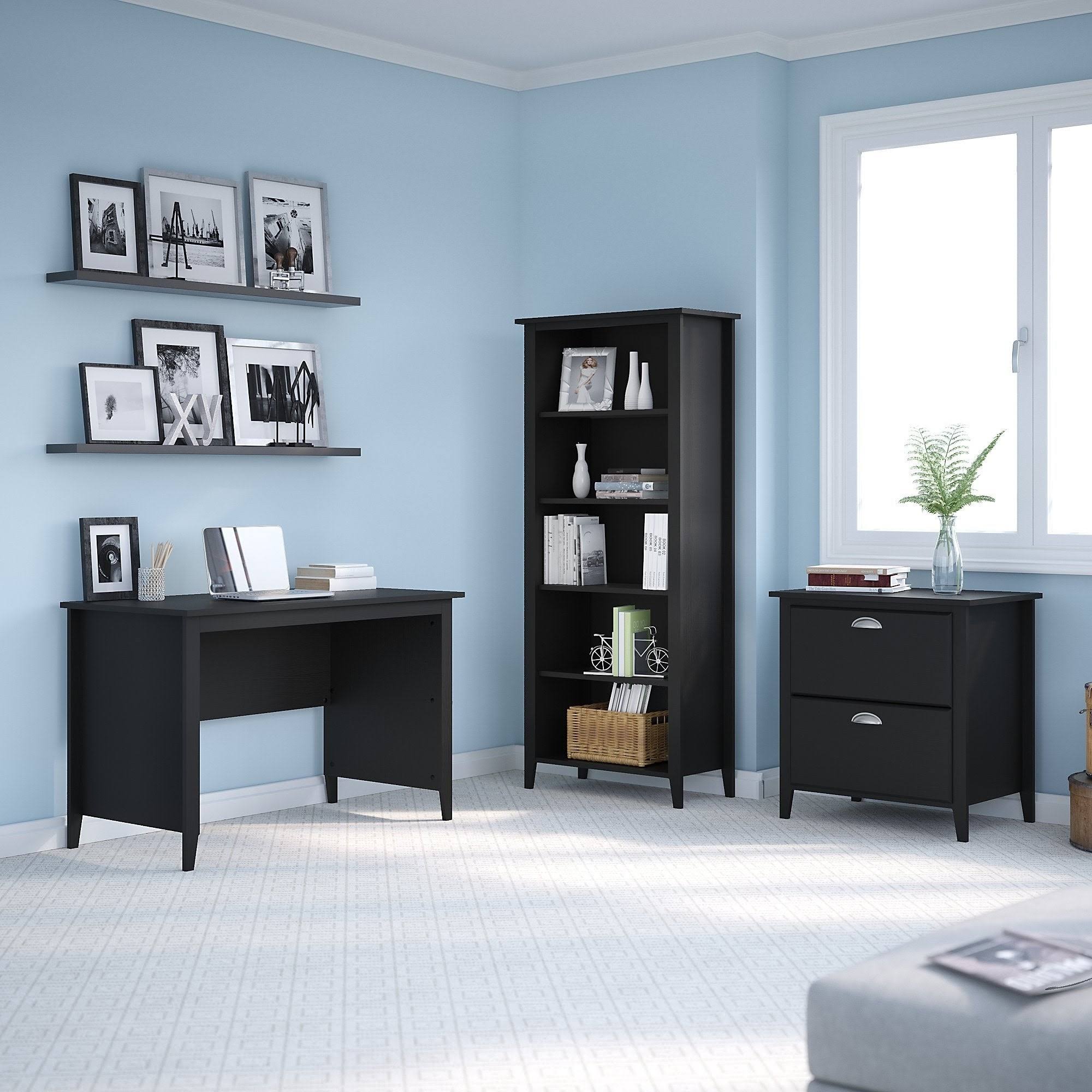 Black Suede Writing Desk with Cabinet and Bookcase O2650