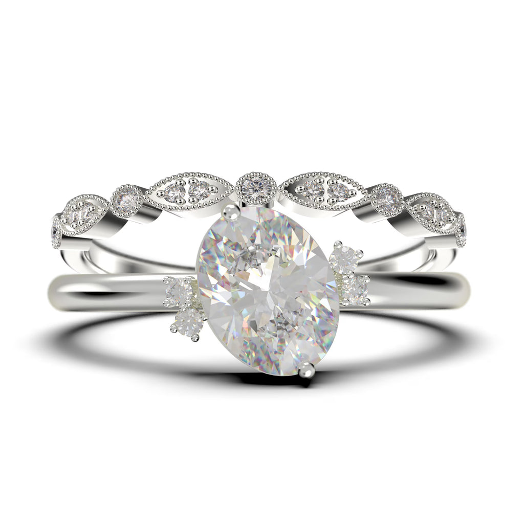 10K Solid White Gold Oval Cut Diamond Moissanite Engagement Ring with Matching Band D904302