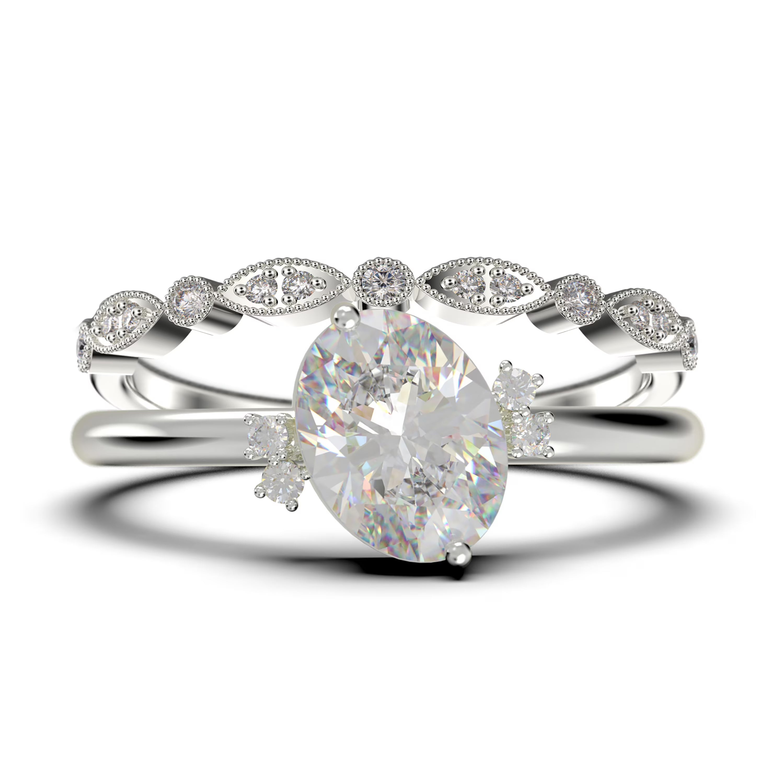 10K Solid White Gold Oval Cut Diamond Moissanite Engagement Ring with Matching Band D904302
