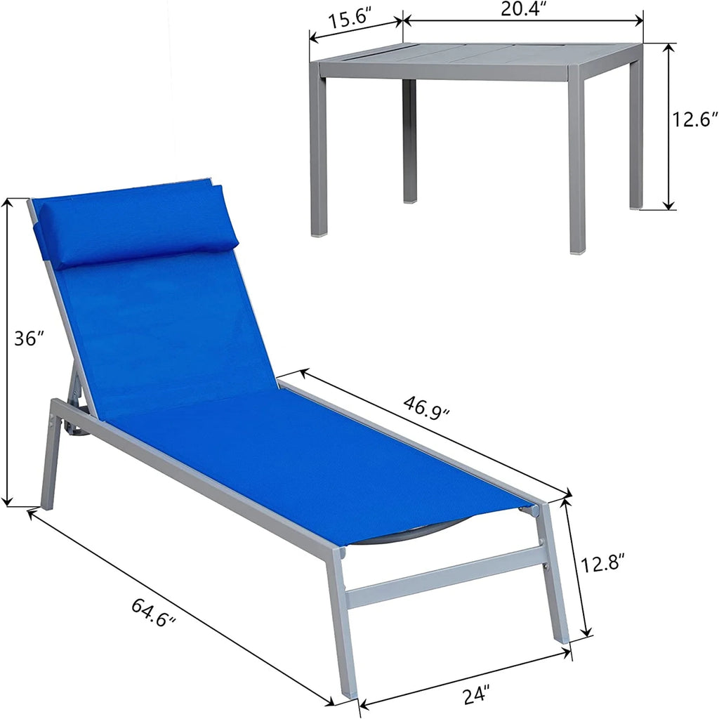 Blue 3 Pieces Adjustable Steel Textilene Patio Chaise Lounge Set W989147
