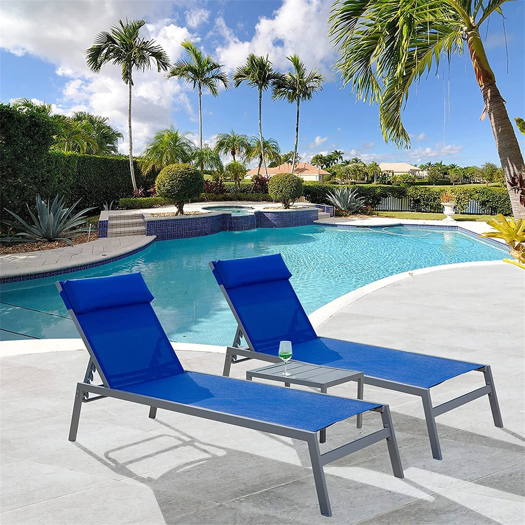 Blue 3 Pieces Adjustable Steel Textilene Patio Chaise Lounge Set W989147