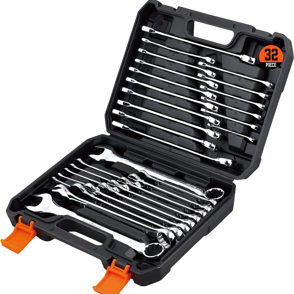 32-Piece Combination Wrench Set, SAE and Metric, 12 Point, Chrome Vanadium Steel L120256