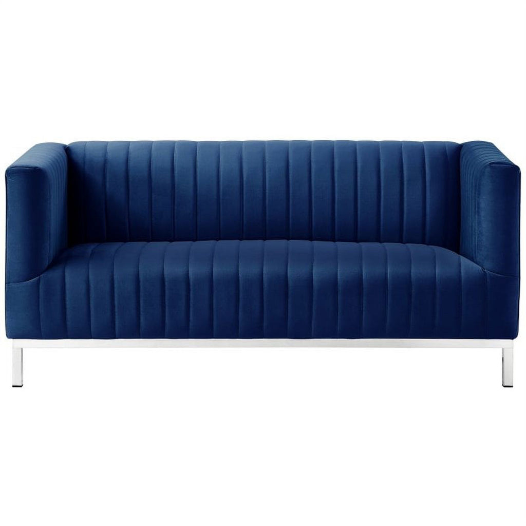 Navy Blue Velvet Loveseat with Chrome Base V10671