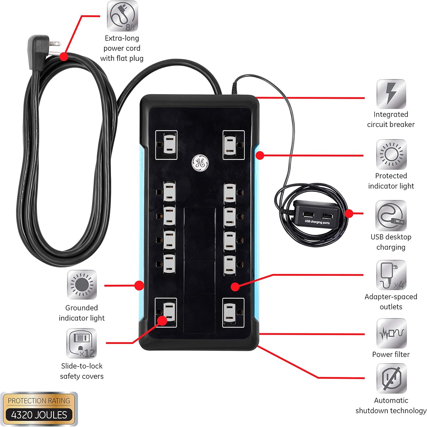 12 Outlet Surge Protector, 2 USB Ports, 8 Ft Power Cord, 4320 Joules, Flat Plug, Black, Pack of 2 G524