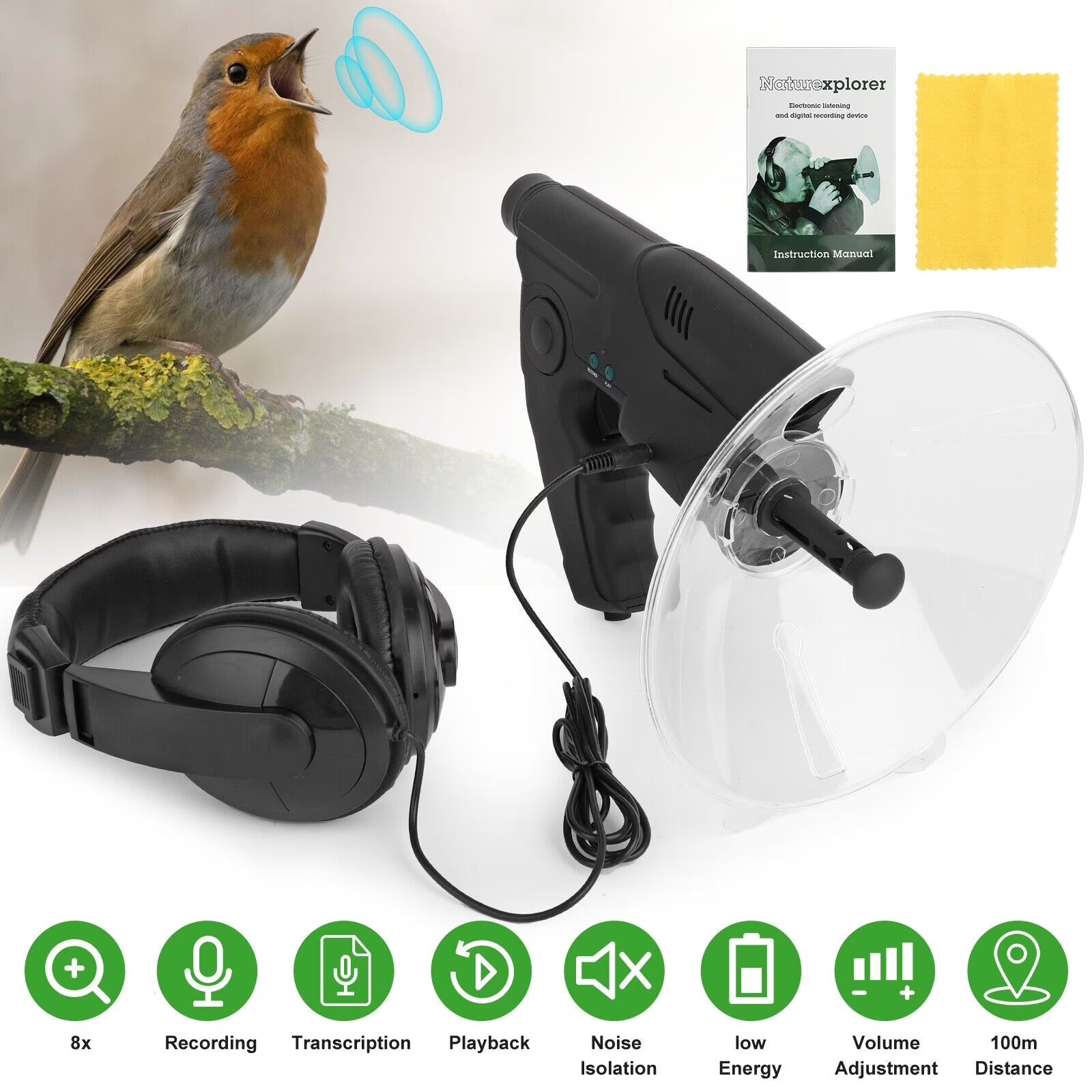 Parabolic Sonic Listening Device Microphone Amplifier 8X Bionic Ear E1802