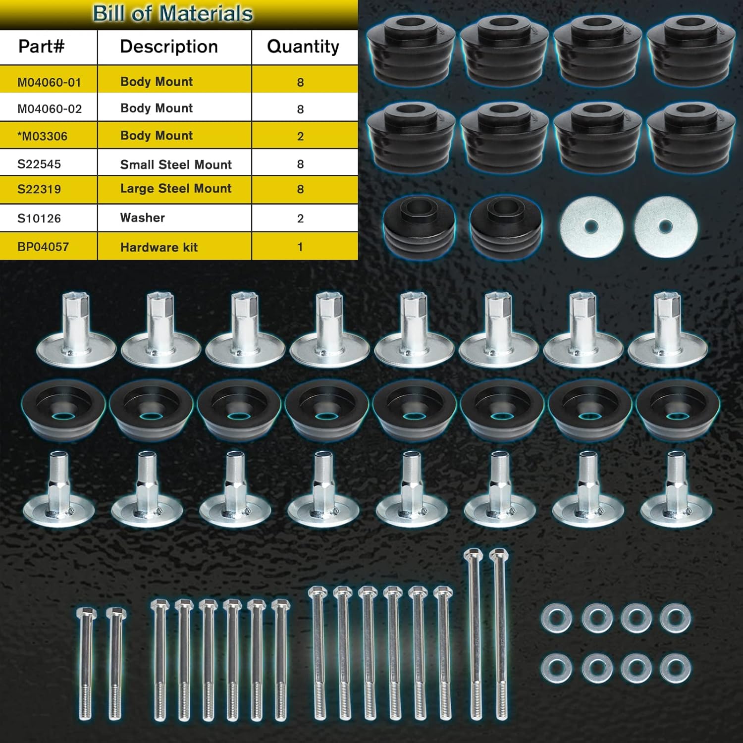 18Pcs Polyurethane Body Mount Bushing Kit with Hardware & Steel Sleeves (Black) O264136