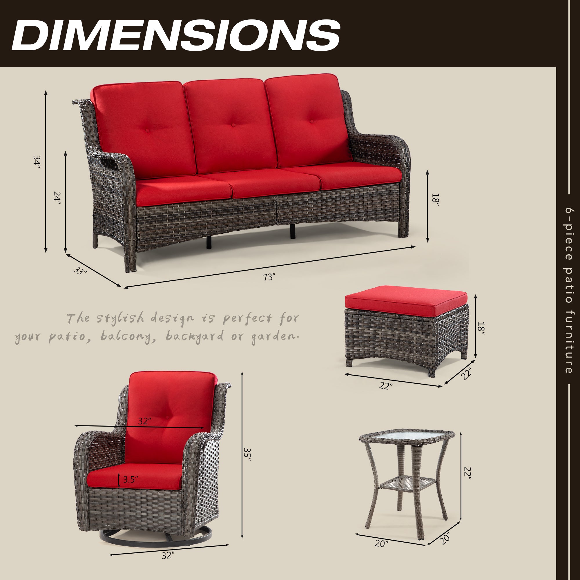 Red 8 Piece Patio Furniture Set with Sofa, Swivel Rocking Chairs, Ottomans, Side Table F839