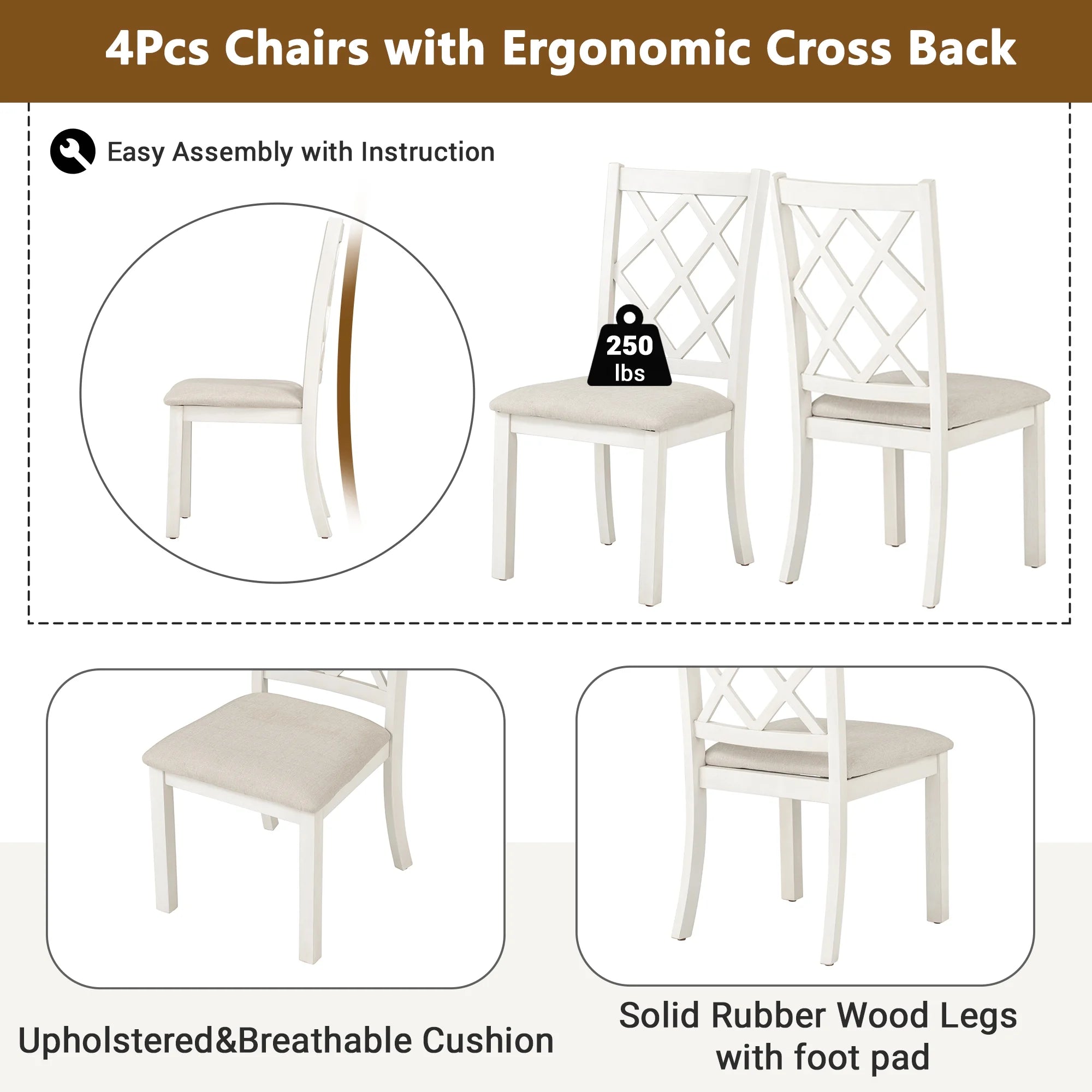 Beige Solid Wood Upholstered Dining Chairs, Set of 4 J37976