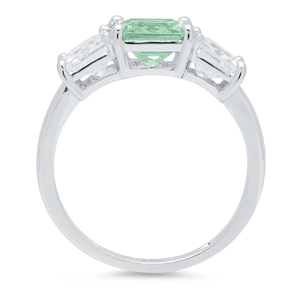 Square Emerald Cut Blue Moissanite 18k White Gold 3 Stone Ring Size 3.5 I7490