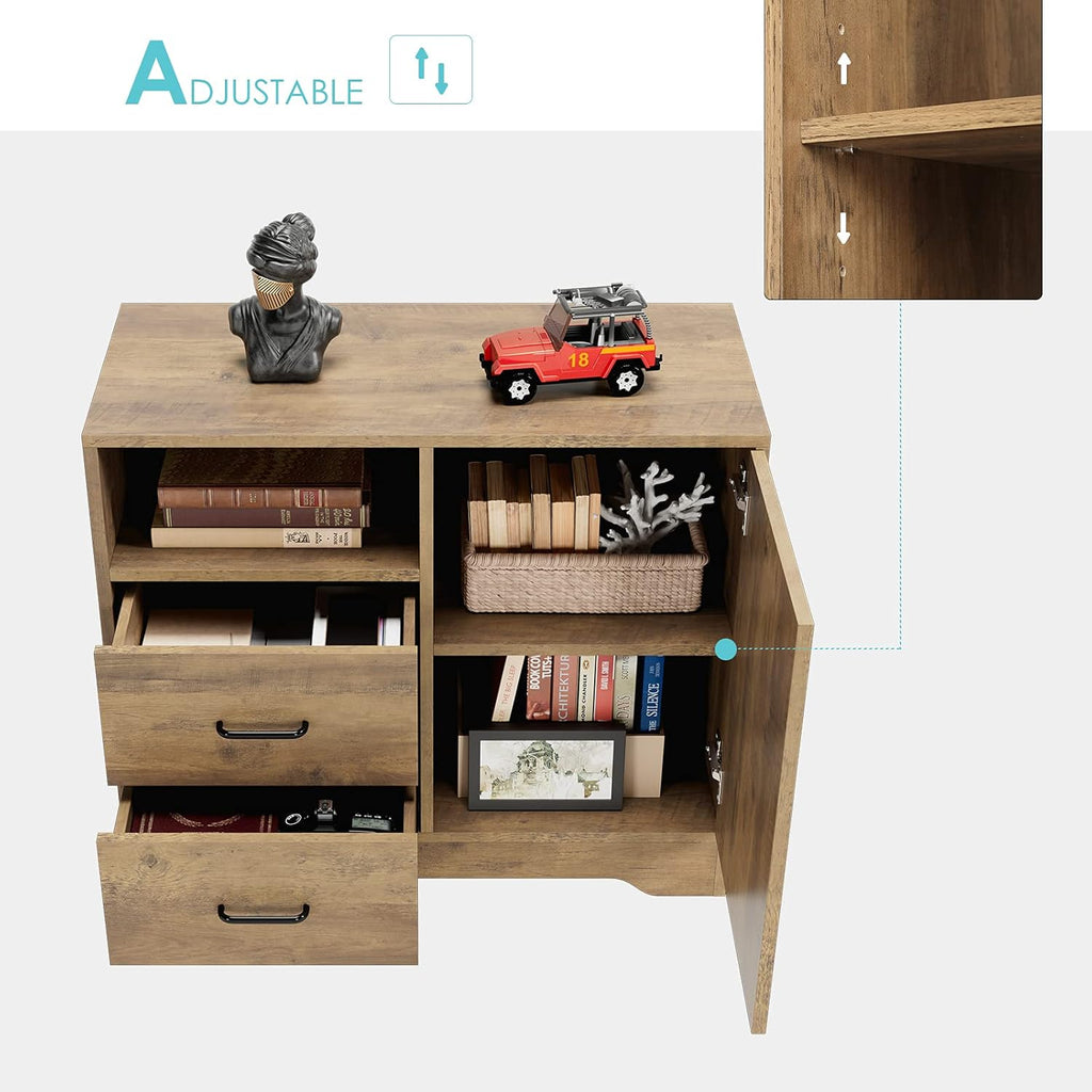 Rustic Brown 2 Drawer Wooden Storage Cabinet with Door and Adjustable Shelves N847
