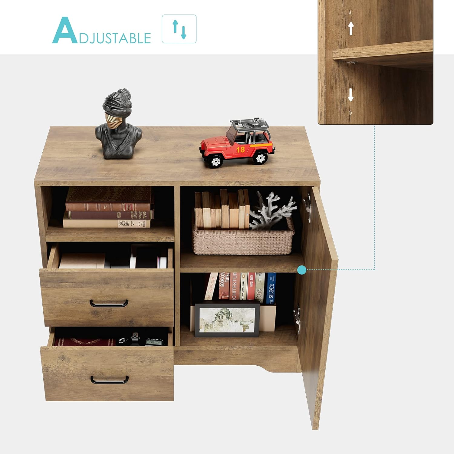 Rustic Brown 2 Drawer Wooden Storage Cabinet with Door and Adjustable Shelves N847