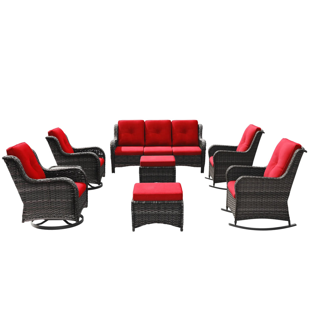 Red 8 Piece Patio Furniture Set with Sofa, Swivel Rocking Chairs, Ottomans, Side Table F839