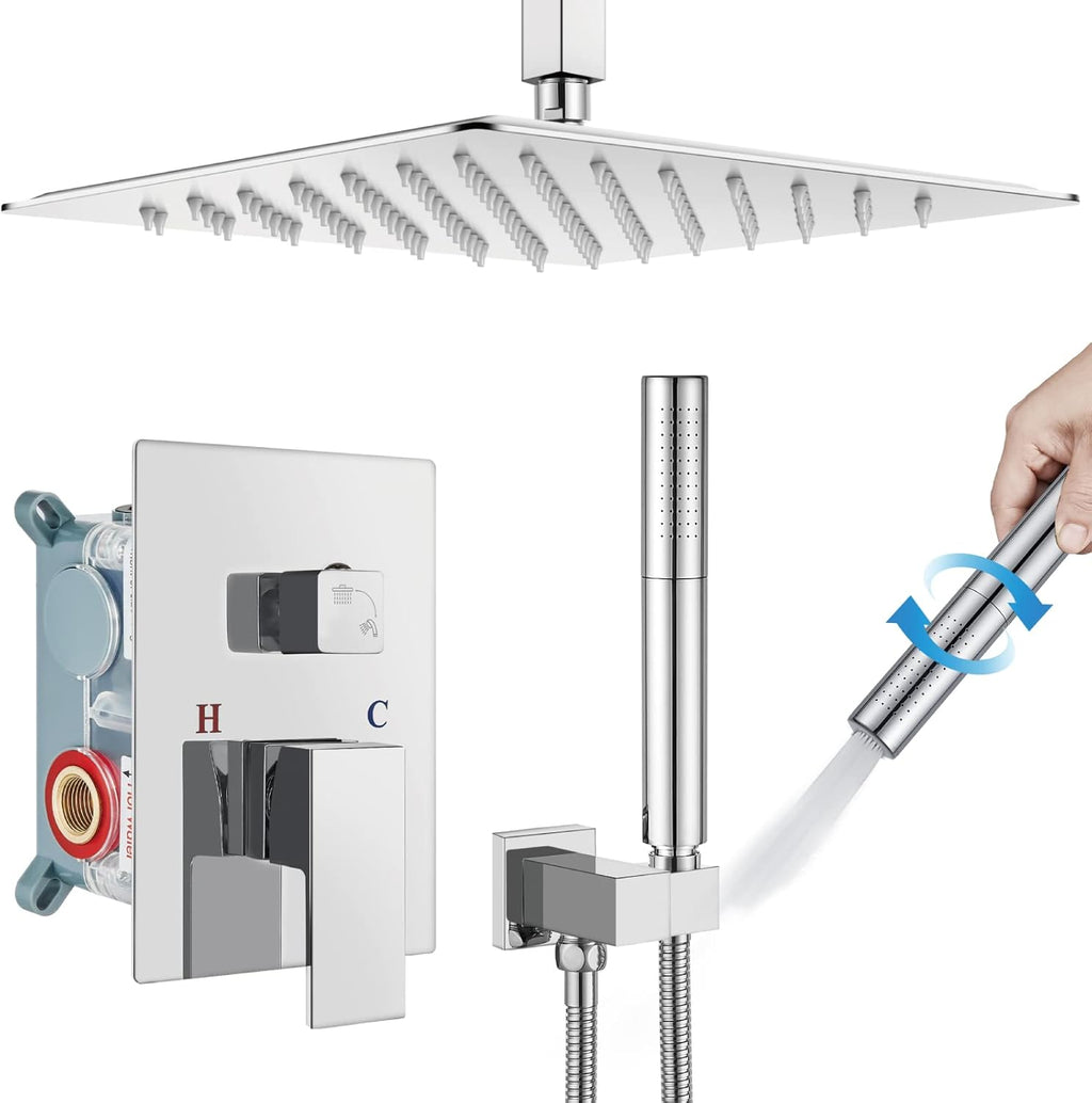 Chrome Polished 12 Inch Square Rainfall Shower System SUS304 Stainless Steel Shower Trim Kit 2 in 1 Handheld Shower with Rough-in Valve Q87665