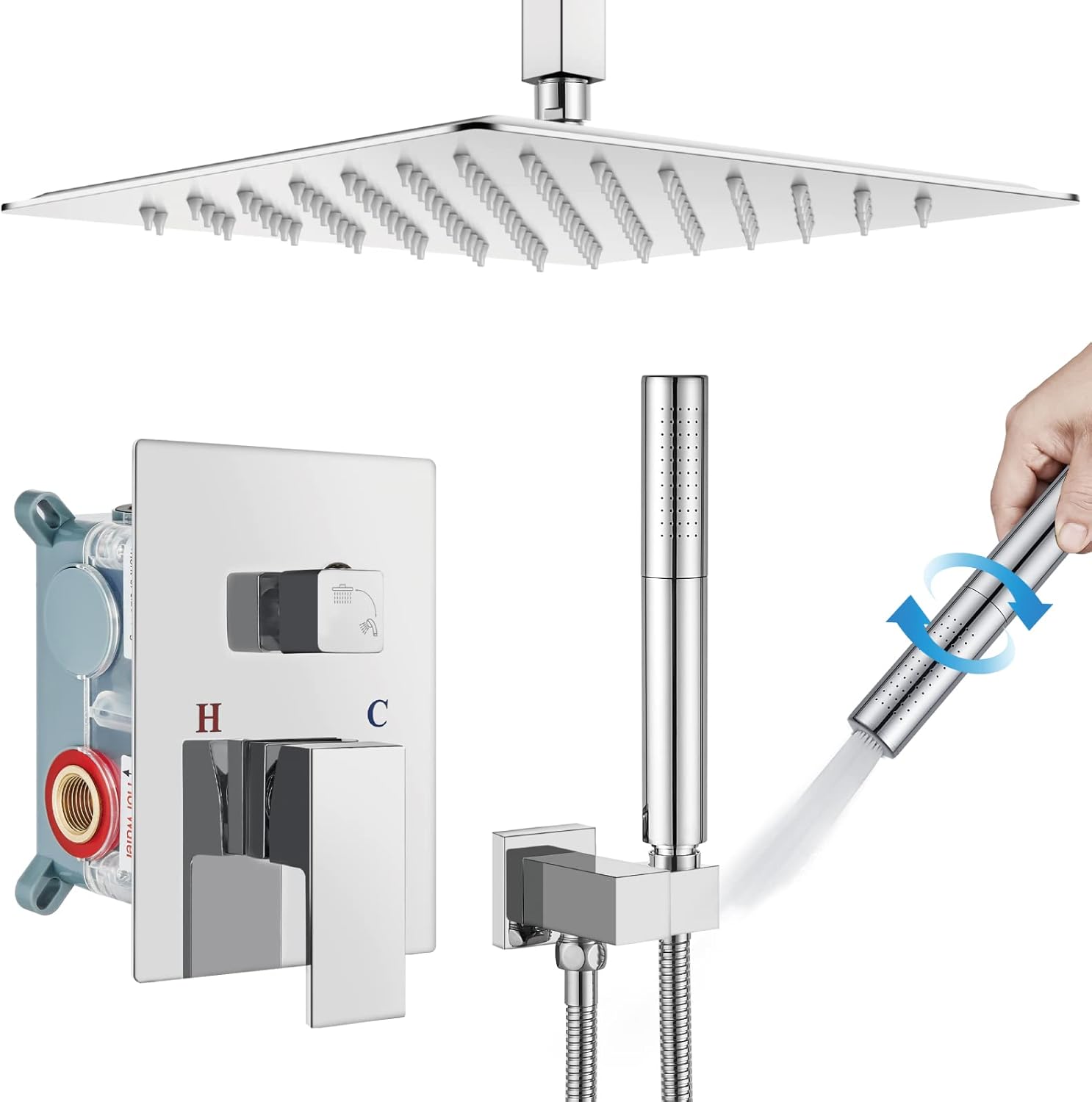 Chrome Polished 12 Inch Square Rainfall Shower System SUS304 Stainless Steel Shower Trim Kit 2 in 1 Handheld Shower with Rough-in Valve Q87665