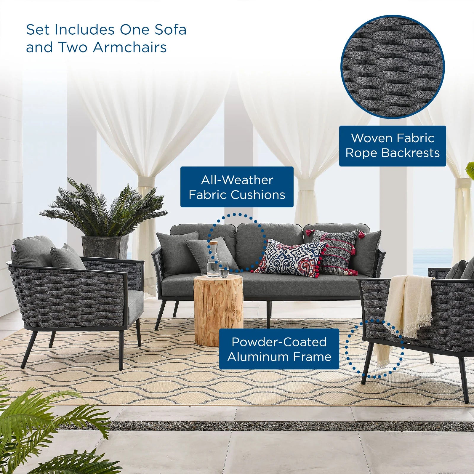 3 Piece Outdoor Aluminum Sectional Sofa Set in Gray X238