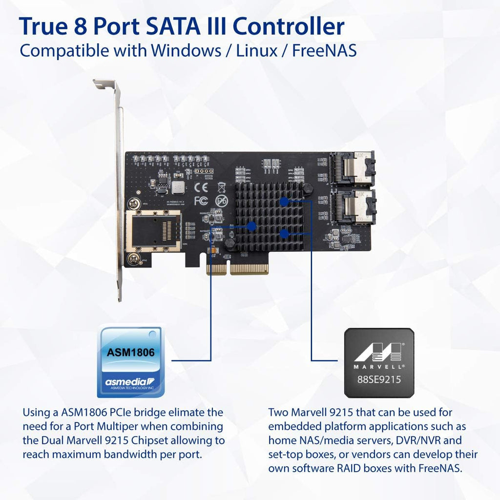 8 Port SATA III PCI-e x4 Expansion Card with Mini SAS to SATA Break Out Cables U539