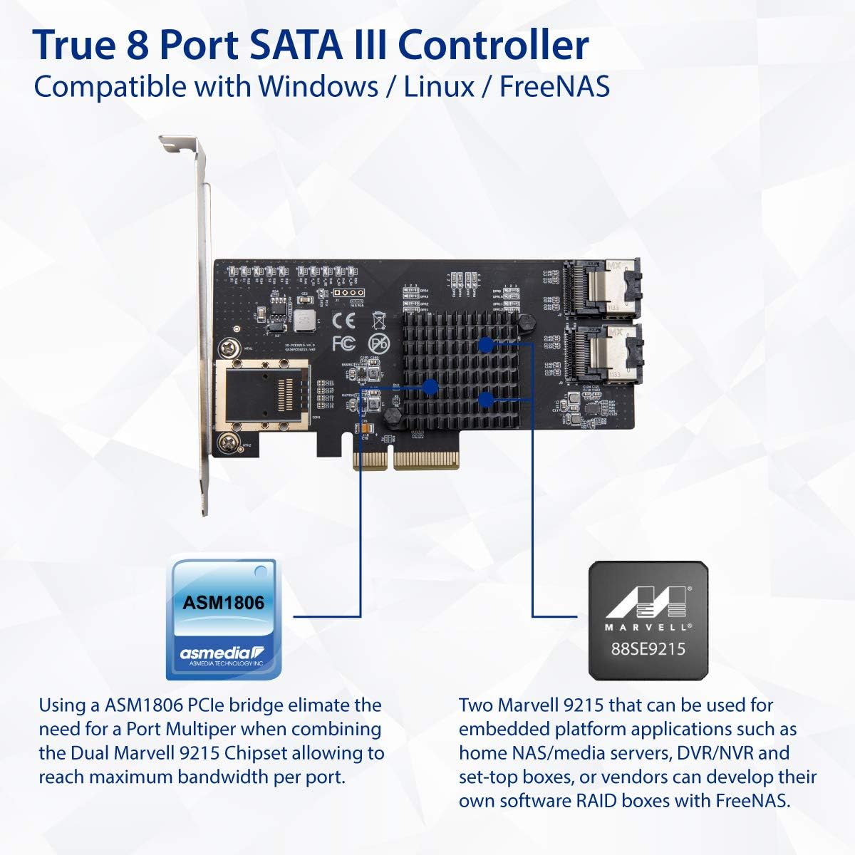 8 Port SATA III PCI-e x4 Expansion Card with Mini SAS to SATA Break Out Cables U539