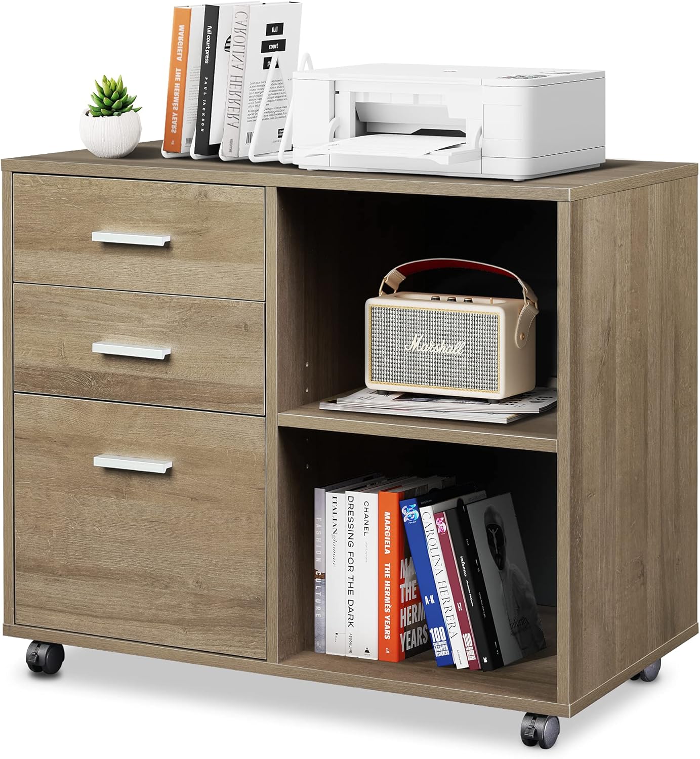 Gray Oak 3-Drawer Mobile Wood File Cabinet F481119