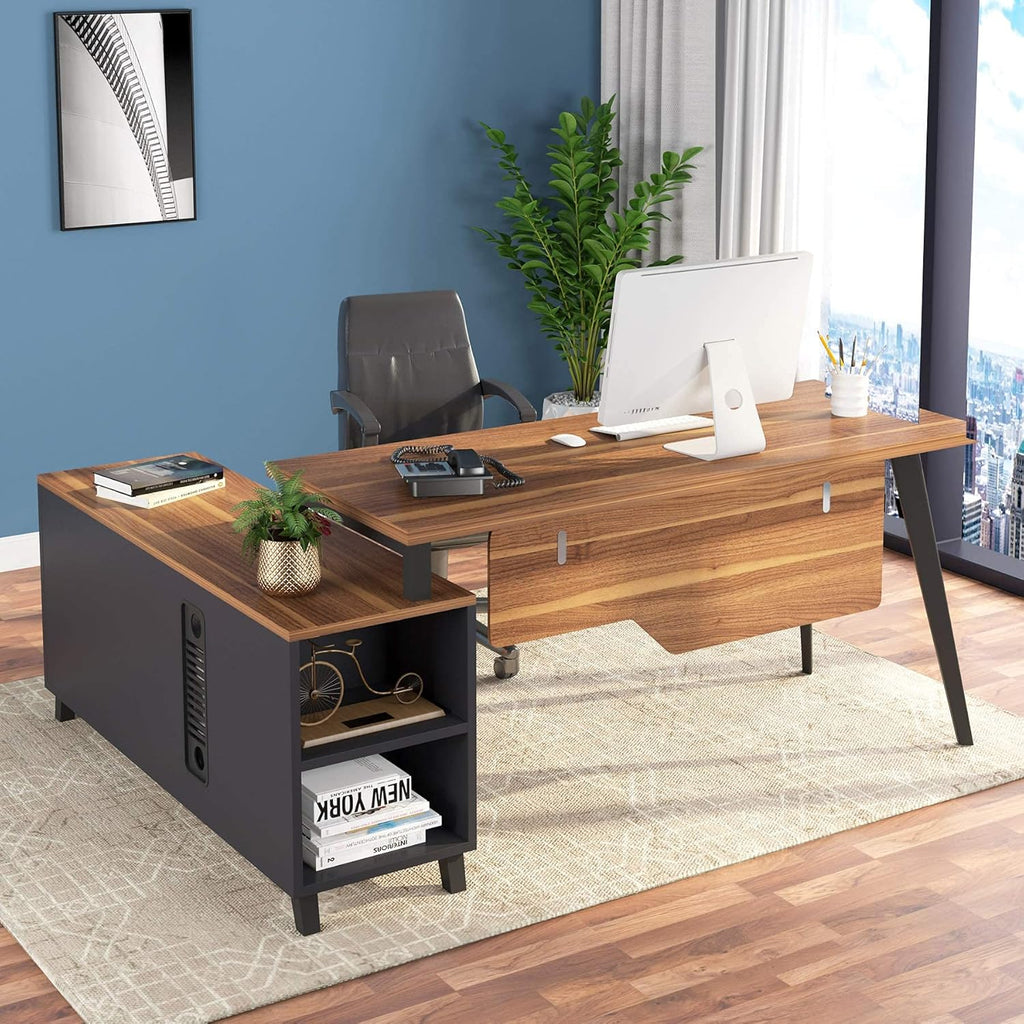 Large L-Shaped Desk with Storage and File Cabinet, Dark Walnut + Stainless Steel Legs E618375